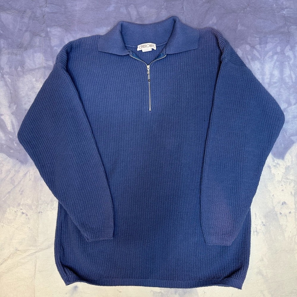 VTG Cherokee Men's 1/4 Zip Sweater XL Blue 100% Cotton MADE IN USA Preppy